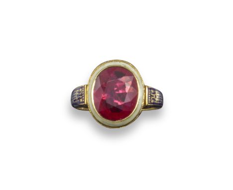 A ruby solitaire ring, the oval shaped ruby weighs approximately 2.90cts, set within white enamel border on blue enamel decor