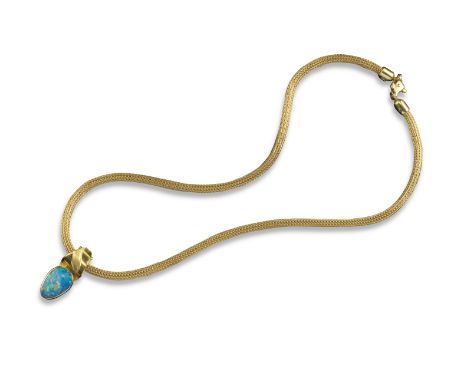 A boulder opal and yellow gold necklace, the slightly pear-shaped boulder opal is rubover-set on a hinged detachable yellow g