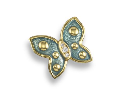 A diamond-set gold and enamel butterfly brooch by Leo de Vroomen, decorated with blue guilloche enamel, the thorax set with t