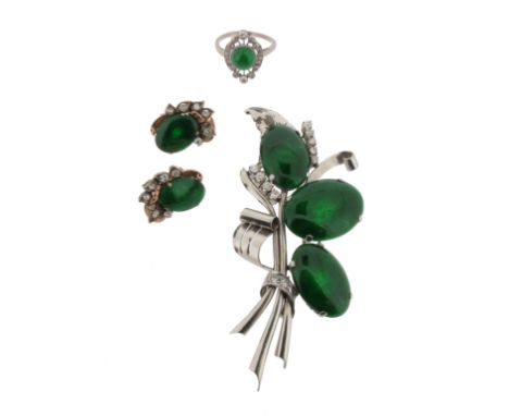 A suite of jade and diamond-set jewellery, including a jade and diamond ring, a pair of jade and diamond earrings, and a jade