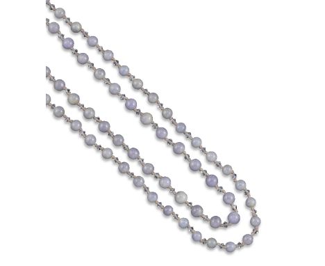 A single-row lavender jade bead necklace, the beads graduate from approximately 9 to 10mm, with paste bead spacers, 138cm lon