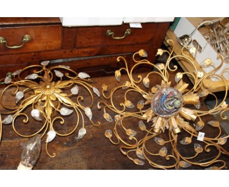 A MODERN GILT PAINTED METAL LIGHT CEILING LIGHT FITTING WITH GLASS DETAIL, TOGETHER WITH A SMALLER EXAMPLE