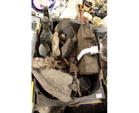 A BOX OF MILITARY WWI FIELD FINDS TO INCLUDE AN AMMUNITION BOX, HELMET ETC., ALL WITH LOSES