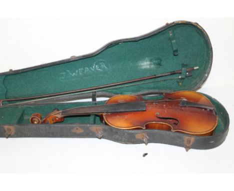 A CASED VINTAGE VIOLIN WITH ONE PIECE BACK - INTERIOR LABEL ANTONIUS STRADIVARIUS CREMONENSIS, BACK L 35 CM, TOGETHER WITH A 