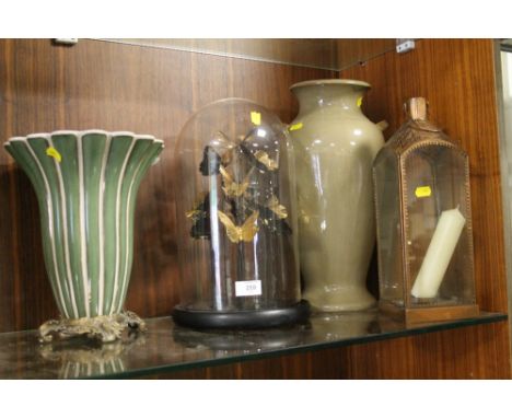 A MODERN CERAMIC VASE ON BRASS BASE, TOGETHER WITH A MODERN DECORATIVE GILT BUTTERFLY DISPLAY UNDER GLASS DOME, A ,MODERN CAN