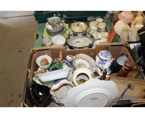 TWO TRAYS OF CERAMICS AND CHINA TO INCLUDE A SHELLEY BOWL, ORIENTAL EGG SHELL CHINA, WADE WHISKEY DECANTER ETC.
