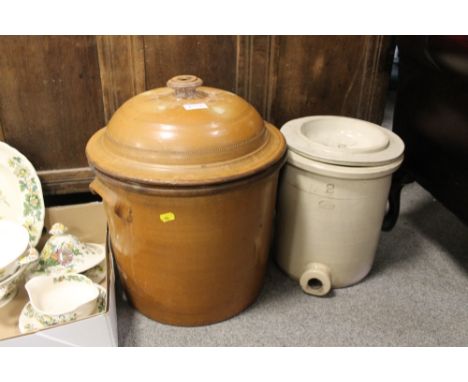 A LARGE BREAD CROC A/F TOGETHER WITH ANOTHER CERAMIC LIDDED POT