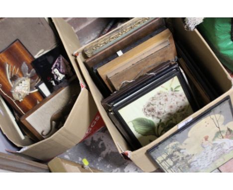 TWO BOXES OF VINTAGE PICTURES AND PRINTS TO INCLUDE WATERCOLOURS VINTAGE SKETCH OF A BIRD ON BRANCH ETC.