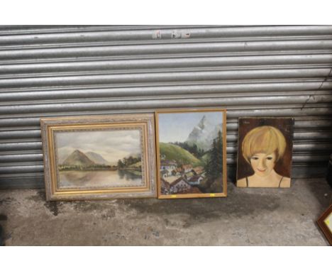 THREE OIL ON CANVAS, DEPICTING A LAKELAND SCENE, A MOUNTAINOUS LANDSCAPE AND A PORTRAIT OF A GIRL