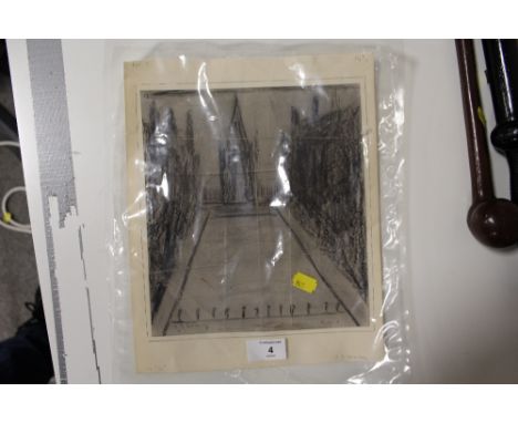 AFTER LAURENCE STEPHEN LOWRY - AN UNFRAMED MOUNTED PENCIL SKETCH OF A CHURCH SCENE IN SALFORD - SIZE 24.5CM X 22CM,&nbsp;