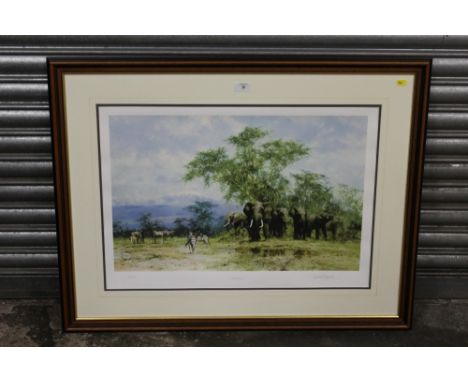 A FRAMED AND GLAZED SIGNED LIMITED EDITION DAVID SHEPHERD PRINT ENTITLED 'AMBOFELI' 315/350, 72 X 50 CM
