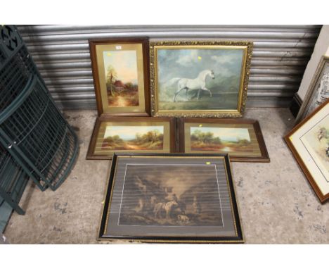 A PAIR OF FRAMED AND GLAZED OIL PAINTINGS OF COUNTRY LANDSCAPES TOGETHER WITH ANOTHER, A PRINT OF A HORSE AND A PRINT OF A ST
