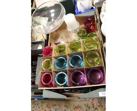 A QUANTITY OF MODERN COLOURED GLASS TEA LIGHT HOLDERS TOGETHER WITH A NOVELTY OVERSIZED GLASS