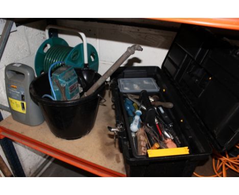 HALFORDS BATTERY CHARGER, HOSE REEL, FOCUS TOOLBOX AND CONTENTS