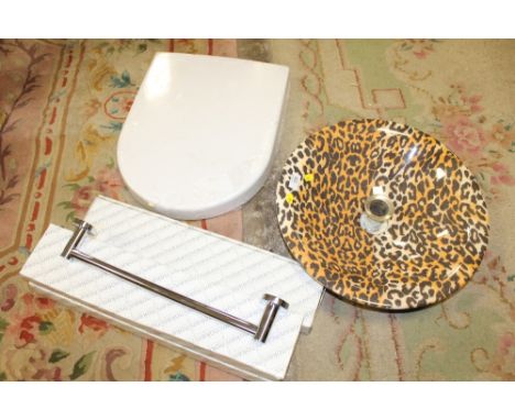 A MODERN LEOPARD PRINT PATTERN SINK BASIN TOGETHER WITH A VILLEROY AND BOCH TOILET SEAT AND THREE BOXED TOWEL RAILS