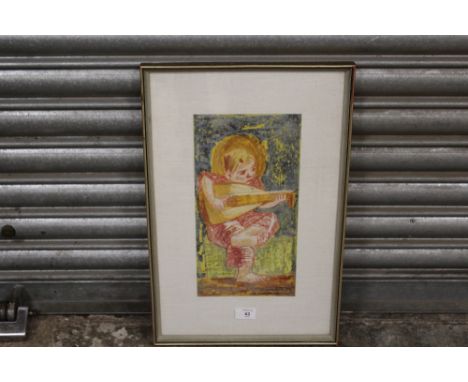 A FRAMED AND GLAZED MIXED MEDIA STUDY OF A CHILD PLAYING A LUTE, INDISTINCTLY SIGNED LOWER RIGHT, 35 X 18 CM