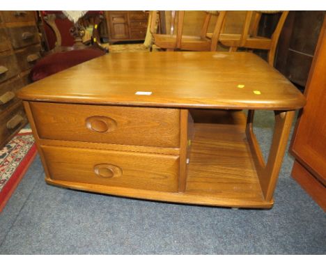 AN ERCOL LOW SQUARE COFFEE TABLE WITH TWO DRAWERS H-39 CM W-80 CM