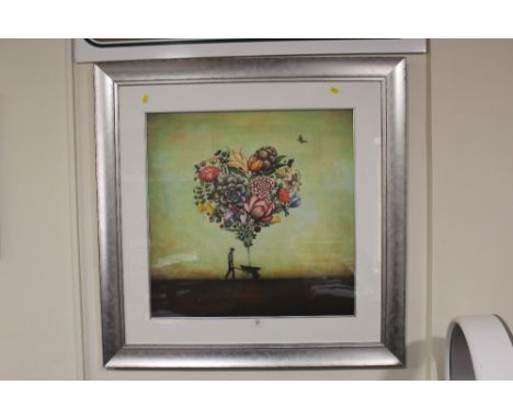 A LARGE MODERN SILVER FRAMED PRINT, ENTITLED 'BIG HEART BOTANY ' BY DUY HUYNH 92 X 92 CM