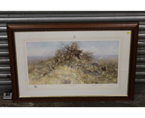 A FRAMED AND GLAZED SIGNED LIMITED EDITION DAVID SHEPHERD PRINT ENTITLED 'THE BEST SPOTS ON THE HILL' 409/950, 79 X 43 CM