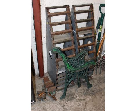 QUANTITY OF METALWARE TO INCLUDE CAST METAL BENCH ENDS 2 X VICES AND A SET OF CAR RAMPS
