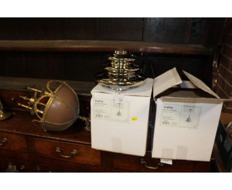 A PAIR OF BOXED DAR ZEPHYR NON ELEC PENDANT LIGHT FITTINGS TOGETHER WITH A BRASS EFFECT EXAMPLE (3)