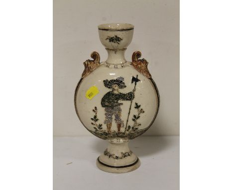 A VINTAGE CERAMIC TUBE LINED MOON FLASK WITH FIGURAL DETAIL, H 25 CM