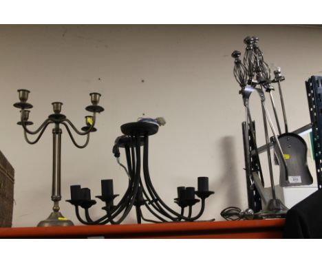 A COMPANION SET (ONE HANDLE INCOMPLETE), TWO LIGHT FITTINGS AND A BRASS CANDELABRA