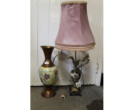 A BRASS AND CERAMIC EWER SHAPED LAMP WITH FIGURAL DETAIL, TOGETHER WITH A SIMILAR TORTOISE SHAPED TRINKET BOX AND A COPPER AN