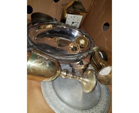 A BOX CONTAINING BRASS CARRIAGE CLOCK ETC