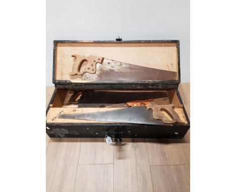 VINTAGE WOODEN TOOL BOX AND HAND SAWS