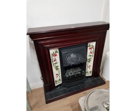 MAHOGANY FIRE SURROUND AND ELECTRIC FIRE WITH TILE INSERT AND BASE