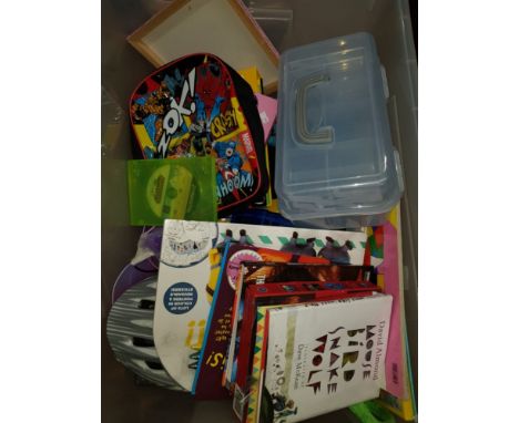 A BOX OF MISCELLANEOUS INC BOOKS A MENS CYCLING HELMET ETV