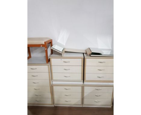 4 3 DRAWER BEDSIDE CHESTS WITH MATCHING 6 DRAWER CHEST AND A DRESSING TABLE STOOL ETC