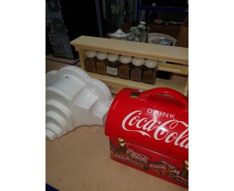 A MODERN SPICE RACK CHINA WALL HANGING SHELF AND A COCA COLA BISCUIT ITN