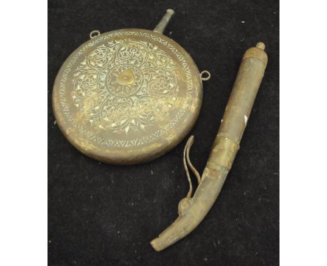 An 18th Century Indo-Persian horn shot flask of slim proportions, with brass banding, iron trigger and replacement wooden end