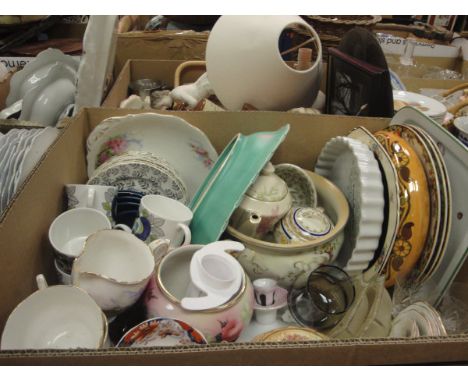 Two boxes of sundry china and glassware to include a Queen Anne "Meadowside" part tea service, a Spode "Royal Jade" oval shap