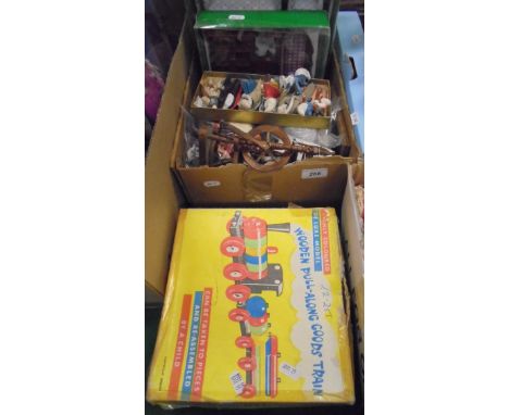 Four boxes of various 20th Century dolls and dolls' house furniture, clothing, etc, together with a Felix the Cat glove puppe