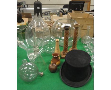 A collection of various glassware including 19th Century scientific apparatus, funnel, globe flasks, etc, a blown pear shaped