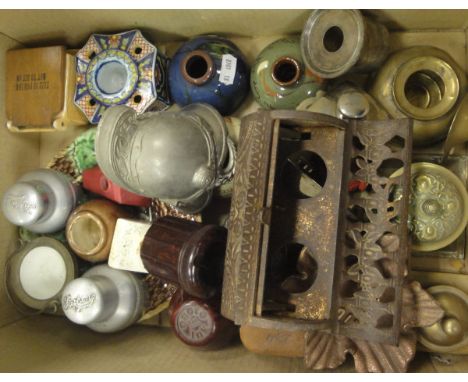 A collection of various inkwells including Torquay mottoware examples, French faience ware, Majolica ware, Japanese coppered 