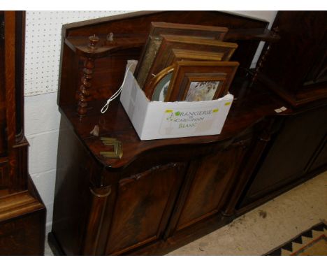 A Victorian mahogany chiffonier with architectural pediment and a top shelf supported by barley-twist columns above a single 