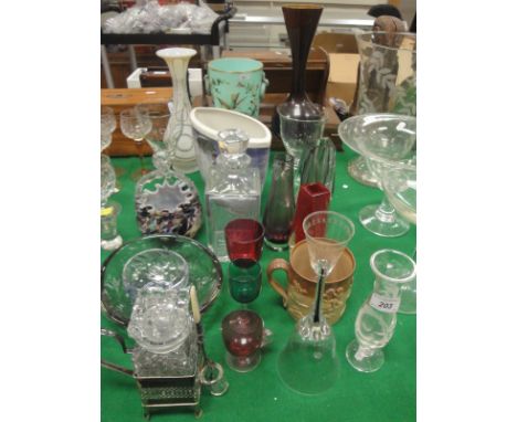 A quantity of various glassware including Caithness vases, pickle jar and stopper with plated mounts, mother of pearl handled