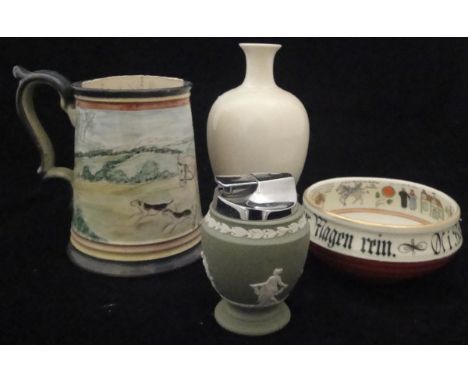 A Porsgrund Norge bowl, a Denby Glyn Colledge mug decorated with hand-painted hunting scenes, a cream ground vase and a Wedgw