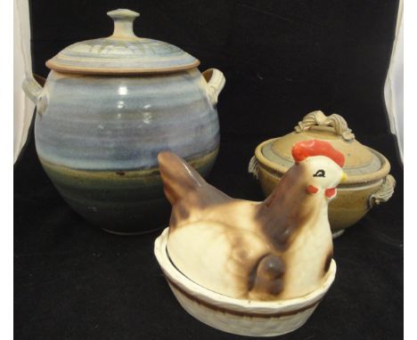 A Le Don pottery crock and cover, another larger studio pottery crock and cover, a pottery chicken bowl and cover and six pie