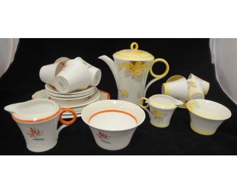 A Shelley "Phlox" pattern coffee pot with three cups, four saucers, cream jug and sugar, together with another Shelley part t