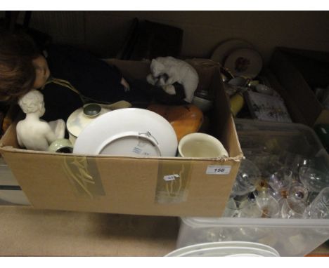 Seven boxes of assorted china and glassware to include various decorative plates, a modern bisque-headed doll, various Adderl
