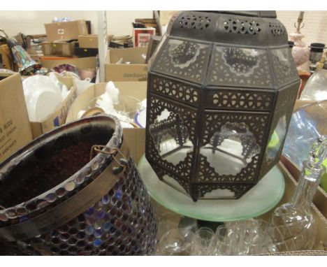 Four boxes of assorted sundry household china, glass, etc, to include various bowls, hanging lights, decanter, vases, etc, a 