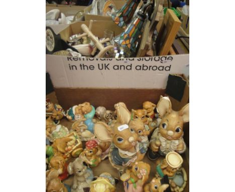 A box containing assorted Pendelfin rabbits, together with a box of sundry china, pictures, etc, to include a three branch Ti