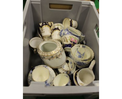 A collection of 19th Century and other English tea wares to include a New Hall type silver shaped sugar box and cover, a Bist