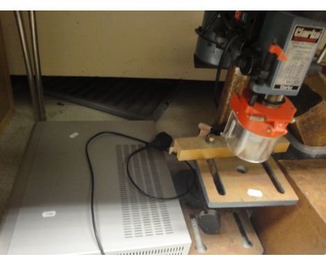 A Clark Metalworker Pillar Drill, together with a Bush DVD recorder, VCR and a box of children's books to include titles by J