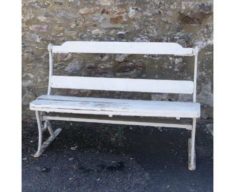 A Vintage cast iron and white painted garden Seat/Bench, of small proportions, W 130 cm x H 86 cm x D 58 cm. 